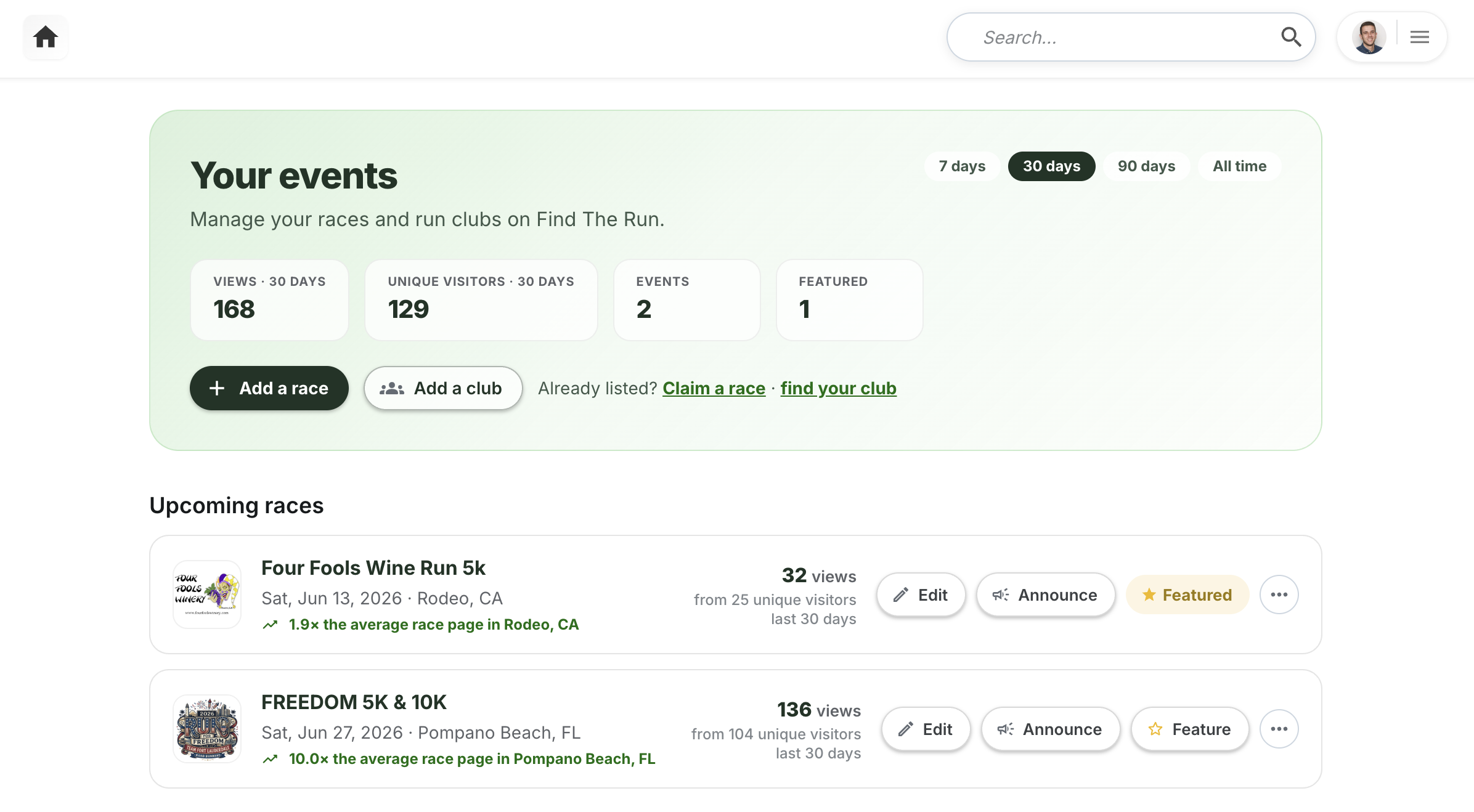 The Find The Run organizer dashboard